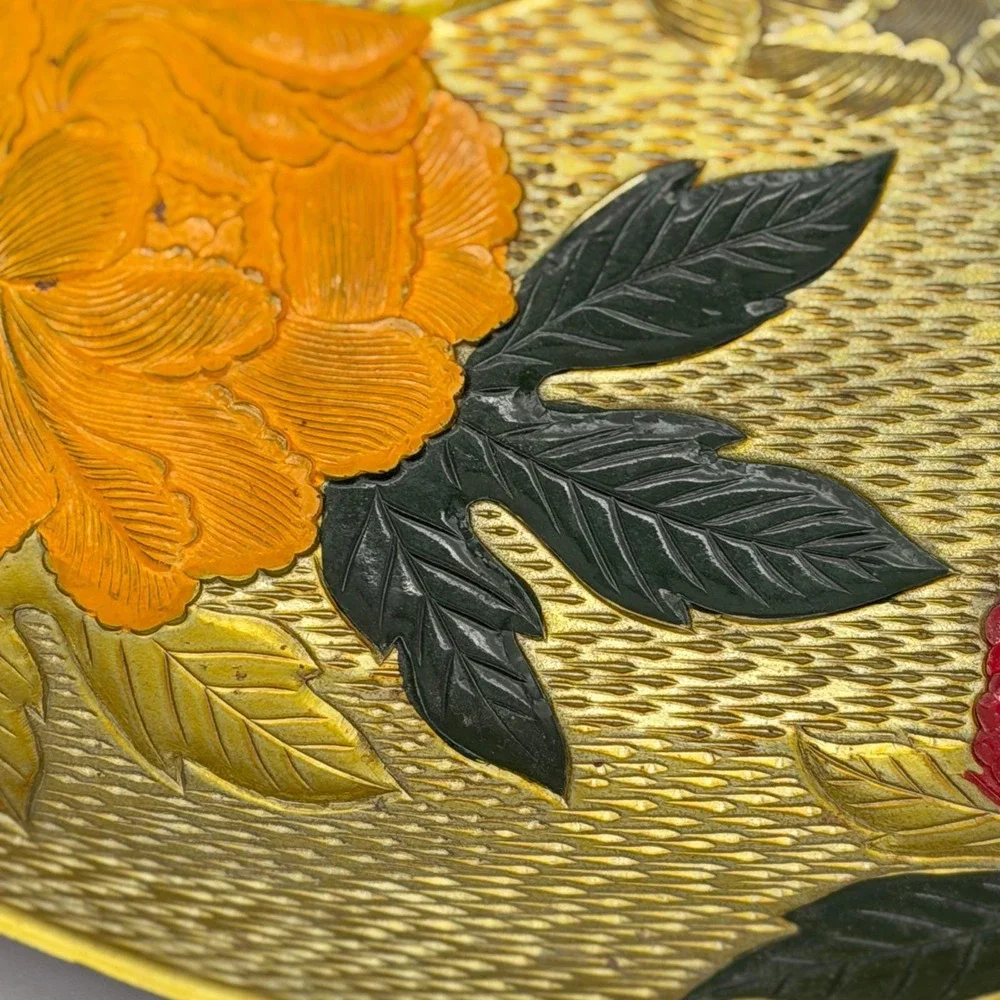 Vintage Asian Style Floral Peony Decorative Tray Gold Textured Relief 9.5 Inch
